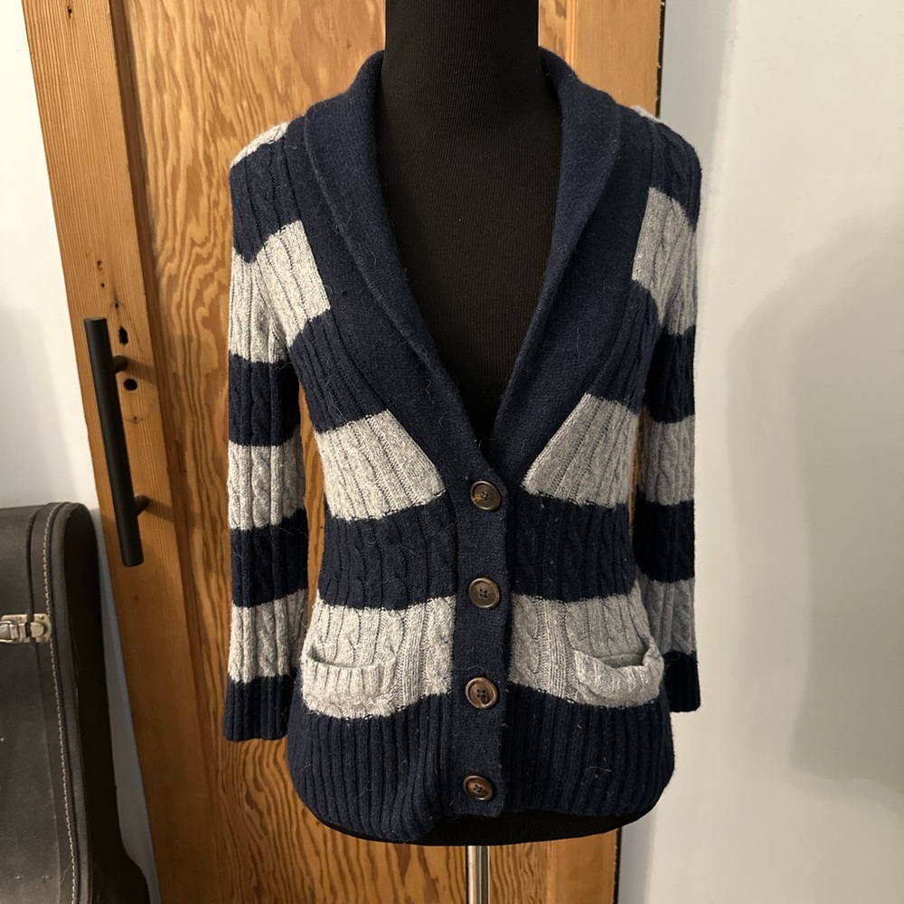 Ruehl No.925 Navy and Gray Striped Cardigan